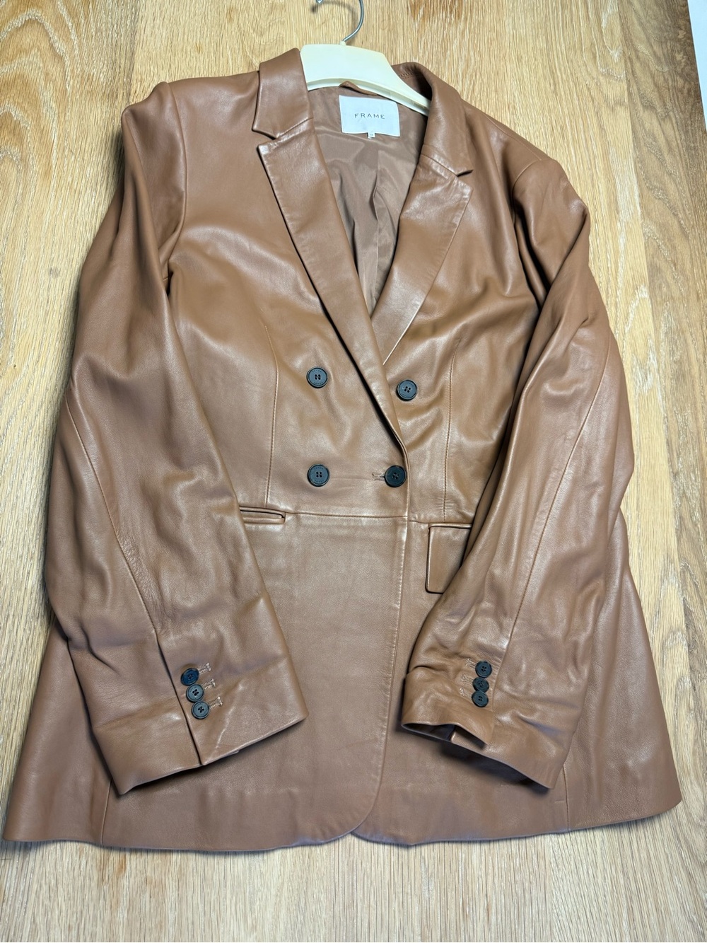 Frame Denim Tan Leather Double-Breasted Blazer Jacket